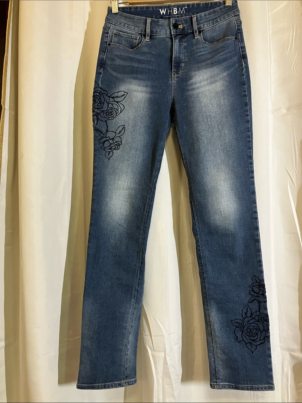 White House Black Market Blue Straight-Leg Jeans with Black Floral Embroidery